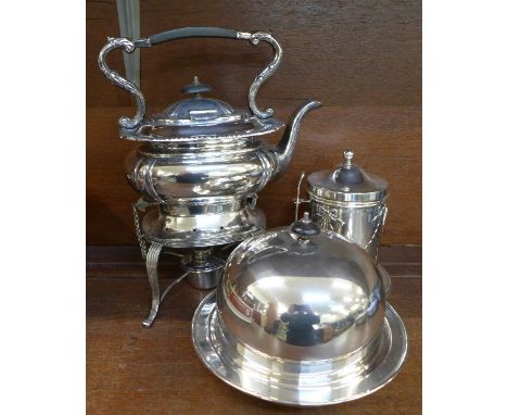 A plated spirit kettle and stand by James Dixon, a plated muffin dish and a plated tea caddy