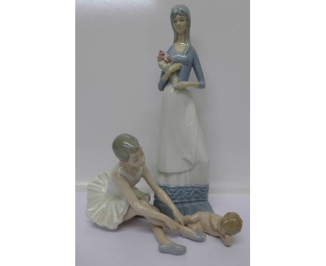 A Nao ballerina and child figures and a Requena figure of a lady, 33.5cm