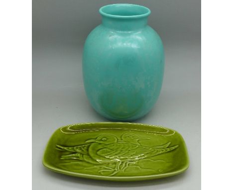 A Poole Pottery 1950's turquoise vase with iridescent glaze, 16cm tall and a Poole green dish