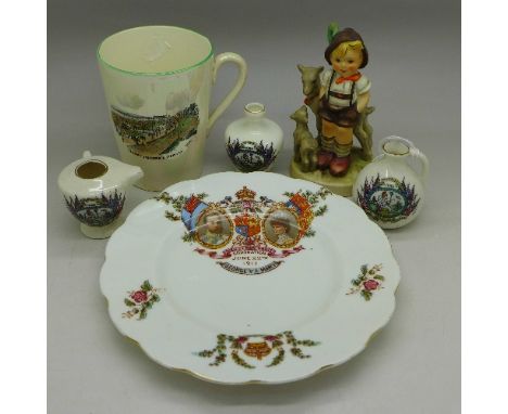 A Crown Devon lustre mug, Happy Memories - Redcar, a Hummel figure and crested ware