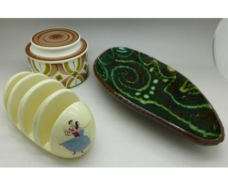 A Beswick Ballet pattern toast rack, a Poole lidded dish and a Studio pottery dish