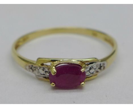 A 9ct gold, ruby and diamond ring, 0.9g, O