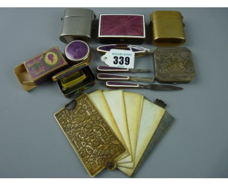 A collection of vintage lady's items including a Victorian carved Oriental ivory dance marker, two metal smelling salt cases,