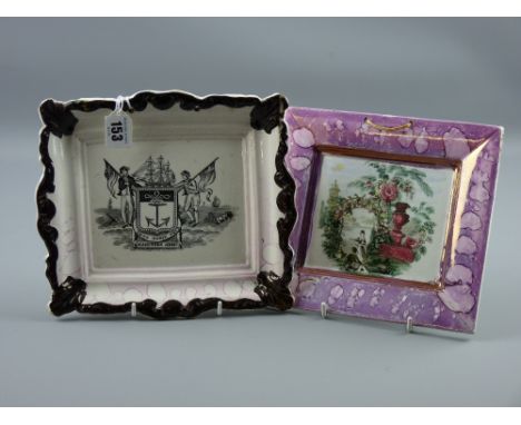 Sunderland lustre - a light pink bordered plaque with dark brown scrolling 'Mariner's Arms' and a pink bordered plaque 'Two F