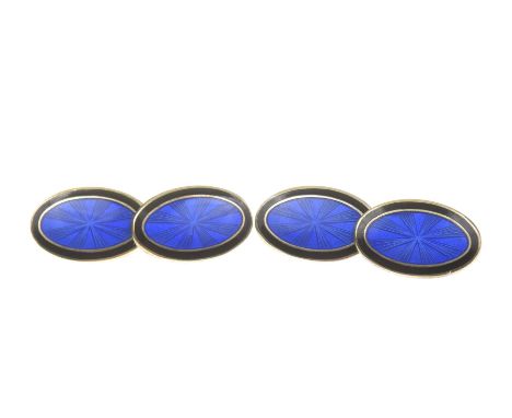 A pair of Links of London silver enamel cufflinks Each designed as two oval blue sunburst enamel panels with dark blue border