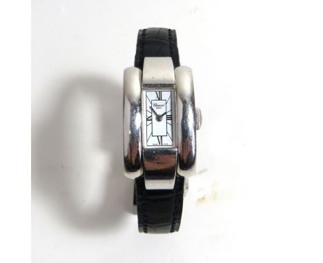 A ladies 18ct gold Chopard 'La Strada' watchThe rectangular white dial with quarterly Roman numerals within an 18ct gold conv