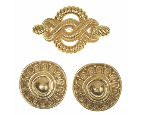 A selection of Christian Dior costume jewelleryTo include a pair of clip earrings, together with a knot brooch, signed Chr Di