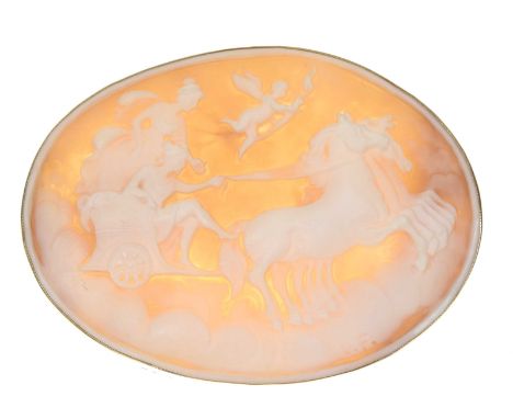 A 9ct gold cameo broochThe large oval shape shell cameo depicting two maidens in a chariot, within a later 9ct gold surround,