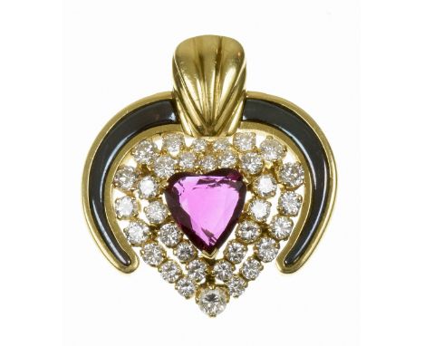 A ruby diamond and enamel heart pendantThe heart shape ruby within a brilliant cut diamond double surround and iridescent ena