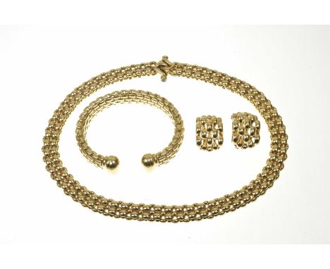 An 18ct gold necklace, bangle and earrings setThe fancy brick link necklace with sapphire cabochon push piece clasp, together