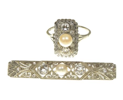 A cultured pearl and diamond ring and broochEach designed with a principal cultured pearl with old cut diamond collet sides, 