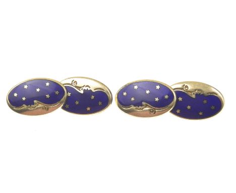 A pair of Links of London silver enamel cufflinksEach designed as two oval blue enamel panels with moon and stars motif, conn