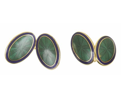 A pair of Links of London silver gilt enamel cufflinksEach designed as two oval green sunburst enamel panels with blue border