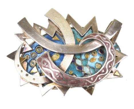 A silver and enamel broochOf abstract design, the vari-shade enamel and silver gilt oval shape panel with geometric and swirl