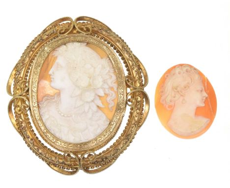A mid Victorian shell cameo broochThe oval shape shell cameo depicting a profile of a maiden with flowers in her hair, within