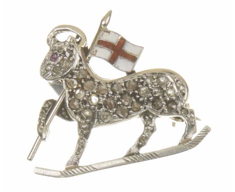 A diamond and enamel Agnus Dei broochThe rose cut diamond lamb with red gem cabochon eye, holding an enamel flag, length 2.5c