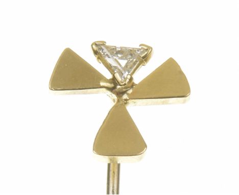 A diamond stick pinDesigned as a triangular shape diamond atop the polished asymmetric quatrefoil, estimated diamond weight 0