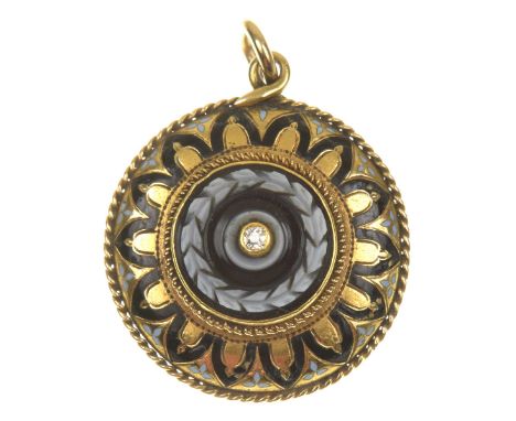 A mid 19th Century enamel and diamond pendantThe old cut diamond within a carved banded agate wreath panel and vari shade ena