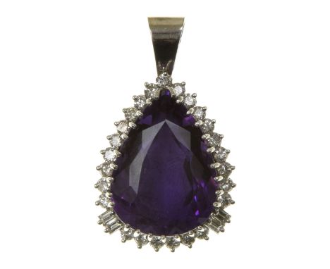 An amethyst and diamond pendantThe pear shape amethyst within a brilliant and baguette cut diamond surround to the tapered su
