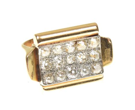 A mid 20th Century diamond panel ringThe old cut diamond rectangular panel, with baton edge and raised sides to the tapered b