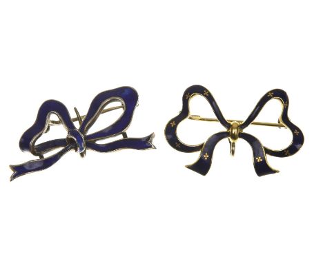 Two blue enamel broochesEach designed as a bow, the first with quatrefoil accents, stamped 750 to the pin, the second stamped