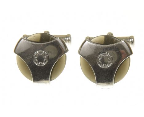 A pair of Montblanc CufflinksEach designed as a black disc within a triangular shape logo frame, to the hinged baton reverse,