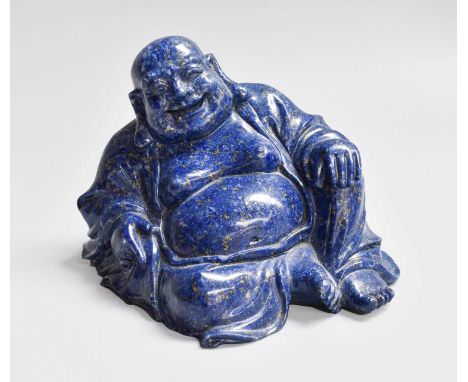 A Chinese Carved Lapiz Lazuli Sculpture of Hotei, in seated pose, 9cm highNumerous chips and small losses mostly around the b