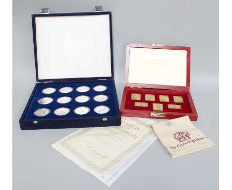 Two Silver Commemorative Sets, comprising 'The Crowning Glory', a cased set of silver-gilt replica stamps, with English impor