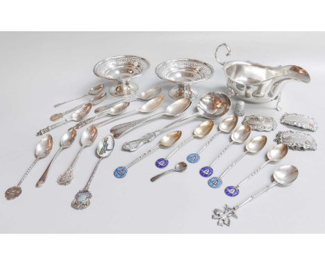 A Collection of Assorted Silver, including a sauceboat; a pair of bowls with pierced border; a thimble; three decanter or win
