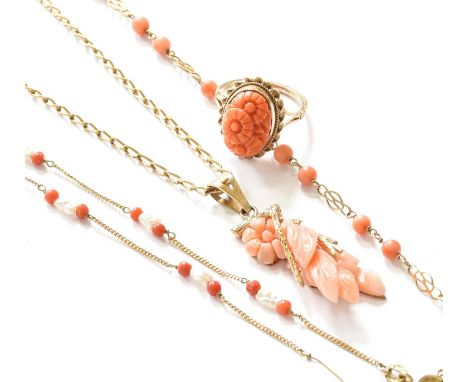 A 9 Carat Gold Coral Pendant on Chain, pendant length 4.3cm, chain length 45.3cm; Two 9 Carat Gold Coral Bracelets, both leng