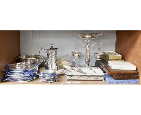 A Collection of Assorted Silver Plate, including an epergne, with a central pierced bowl and suspending two baskets; assorted