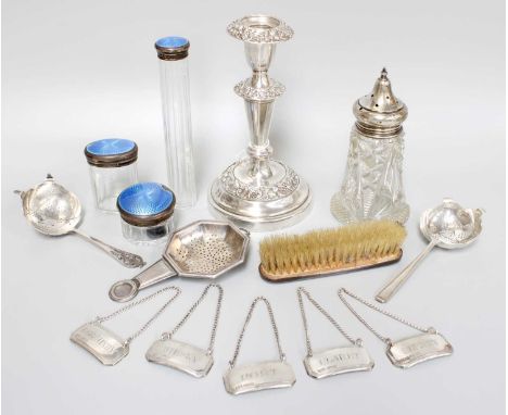 A Collection of Assorted Silver, including four silver and enamel dressing-table items; five wine or decanter-labels; three t