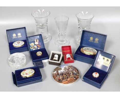 Halcyon Days Enamels, five boxes including commemorative example with a view of Buckingham Palace; together with a glass pape