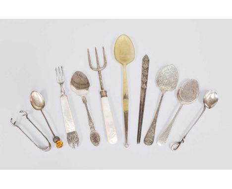 A Collection of Assorted Victorian and Later Silver Flatware, various patterns, including two pieces with mother-or-pearl han