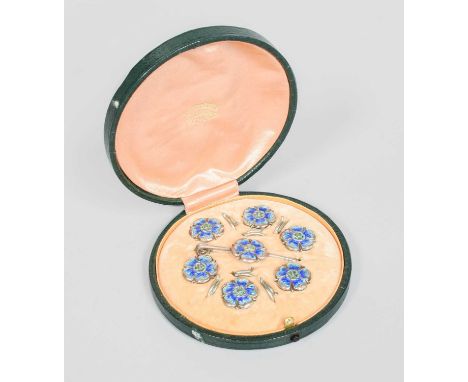 A Cased Set of Six Edward VII Silver and Enamel Buttons and a Pin, by Spurrier and Co., Birmingham, 1908, Retailed by Fisher,