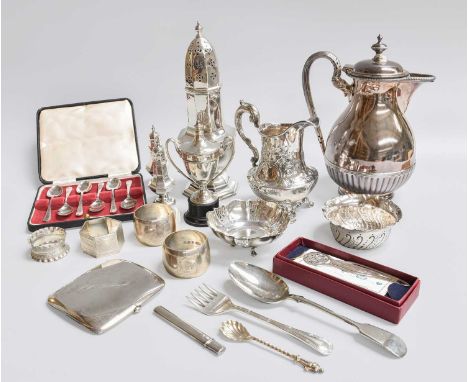 A Collection of Assorted Silver and Silver Plate, the silver including an octagonal caster, engraved with initials, 21.5cm hi