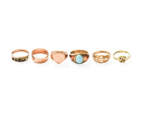 Six Rings, comprising of four 9 carat gold rings, including a band ring and a signet ring; a turquoise cabochon ring stamped 