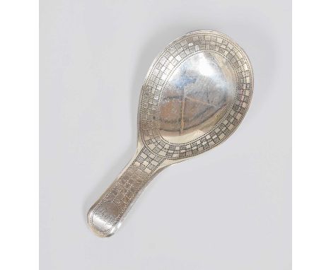 A George III Silver Caddy-Spoon, by Samuel Pemberton, Birmingham, 1808, Old English pattern, engraved with chequerboard patte