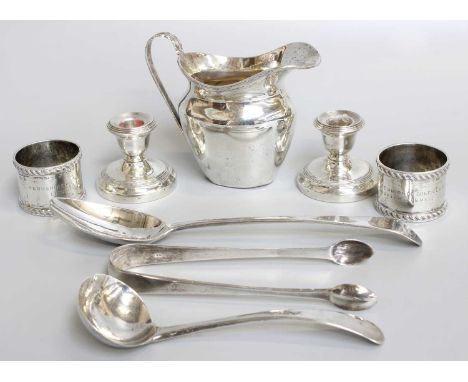 A Collection of George III and Later Silver, including a George III-style cream-jug; a pair of silver napkin-rings engraved f