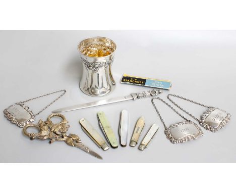 A Collection of Assorted Silver, comprising a tapering beaker, by John Henry Rawlings, London, 1900, chased near the rim with