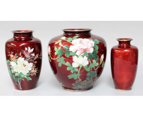 A Japanese Gin Bari Cloisonne Vase, Meiji period, of ovoid form, red ground and decorated with pale pink roses, 18.5cm high, 