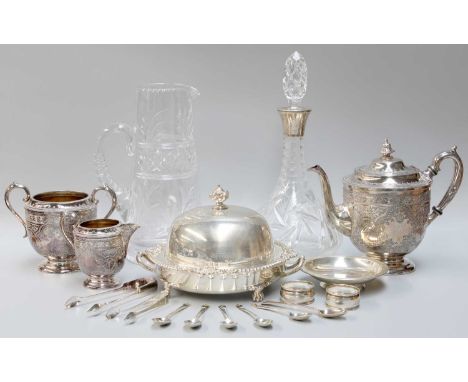 A Silver Plated Three-Piece Tea Service, together with silver napkin ring, silver tea spoons, silver dish, silver mounted gla