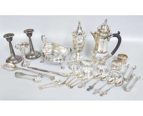 A Collection of Assorted Silver and Silver Plate, the silver including a sauceboat; a tapering octagonal caster; a hot-water 