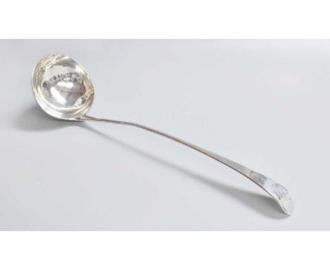 A George III Silver Soup-Ladle, Maker's Mark Worn, London, 1768, Old English Pattern, engraved with a crest, with round bowl,