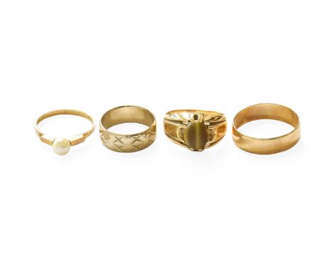 Two 9 Carat Gold Band Rings, finger sizes L1/2 and V; A 9 Carat Gold Cultured Pearl Ring, finger size Q1/2; and A 9 Carat Gol