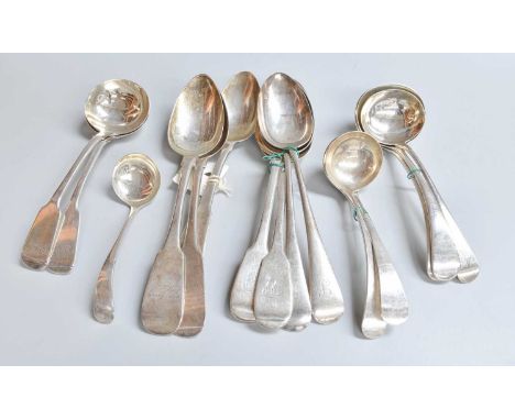 A Collection of Assorted George III and Later Silver Flatware, comprising4 Fiddle pattern table-spoons, two IrishAn Irish Fid