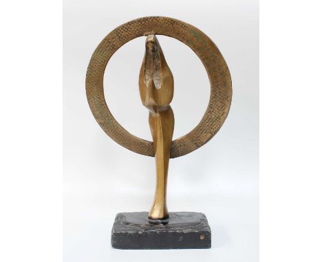 A Contemporary Bronze Sculpture, of the Madonna stood before an oversized halo, raised on a slate plinth, 44cm high