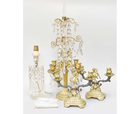 A Gilt Bronze and Cut Glass Four Light Candelabra, in George III style, together with a clear glass table lustre mounted as a