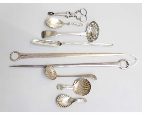 A Collection of Assorted George III and Later Silver Flatware, comprising two differing meat-skewers; a pair of sugar-nips; a