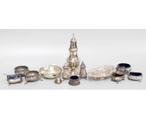 A Collection of Assorted Silver, comprising a caster; a pierced oval bowl; a circular bowl set with a 1797 Cartwheel two penc